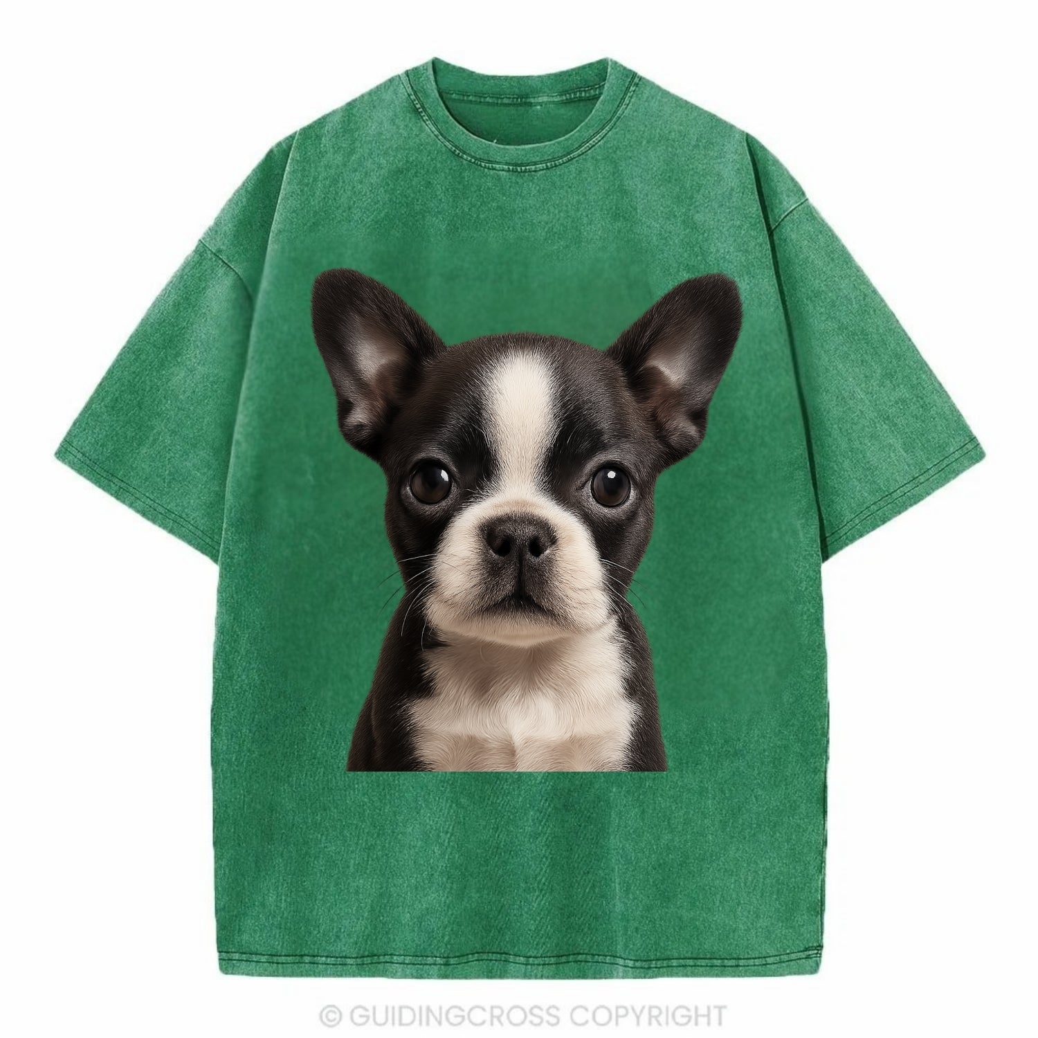 Baby Boston Terrier Puppy - tuxedo markings, big round eyes, bat ears, - Vintage T-shirt - Forest Mist(Green)