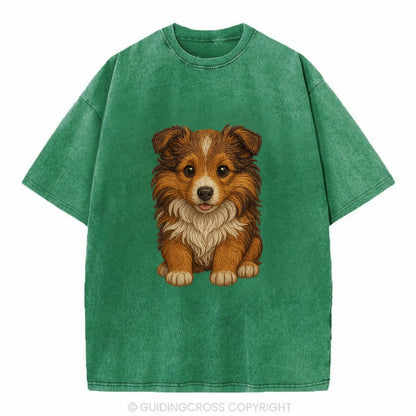 Baby Shetland Sheepdog Puppy - mini collie look, flowing mane, intelligent eyes, - Vintage T-shirt - Forest Mist(Green)