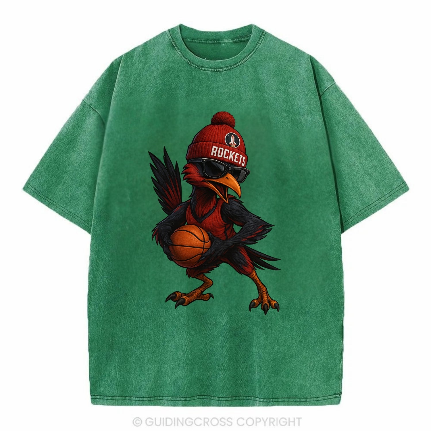 Houston Roadrunner wearing Rockets beanie with launch pad patch and wayfarer - Vintage T-shirt - Forest Mist(Green)