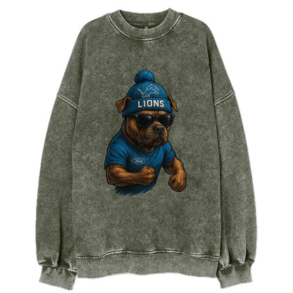 Detroit Pitbull wearing Lions beanie with auto patch and wayfarer sunglasses - Vintage Sweatshirt - Forest Mist(Green)