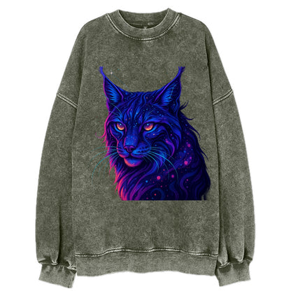 Stealthy lynx with ear tufts forming constellation patterns, nebula spots - Vintage Sweatshirt - Forest Mist(Green)