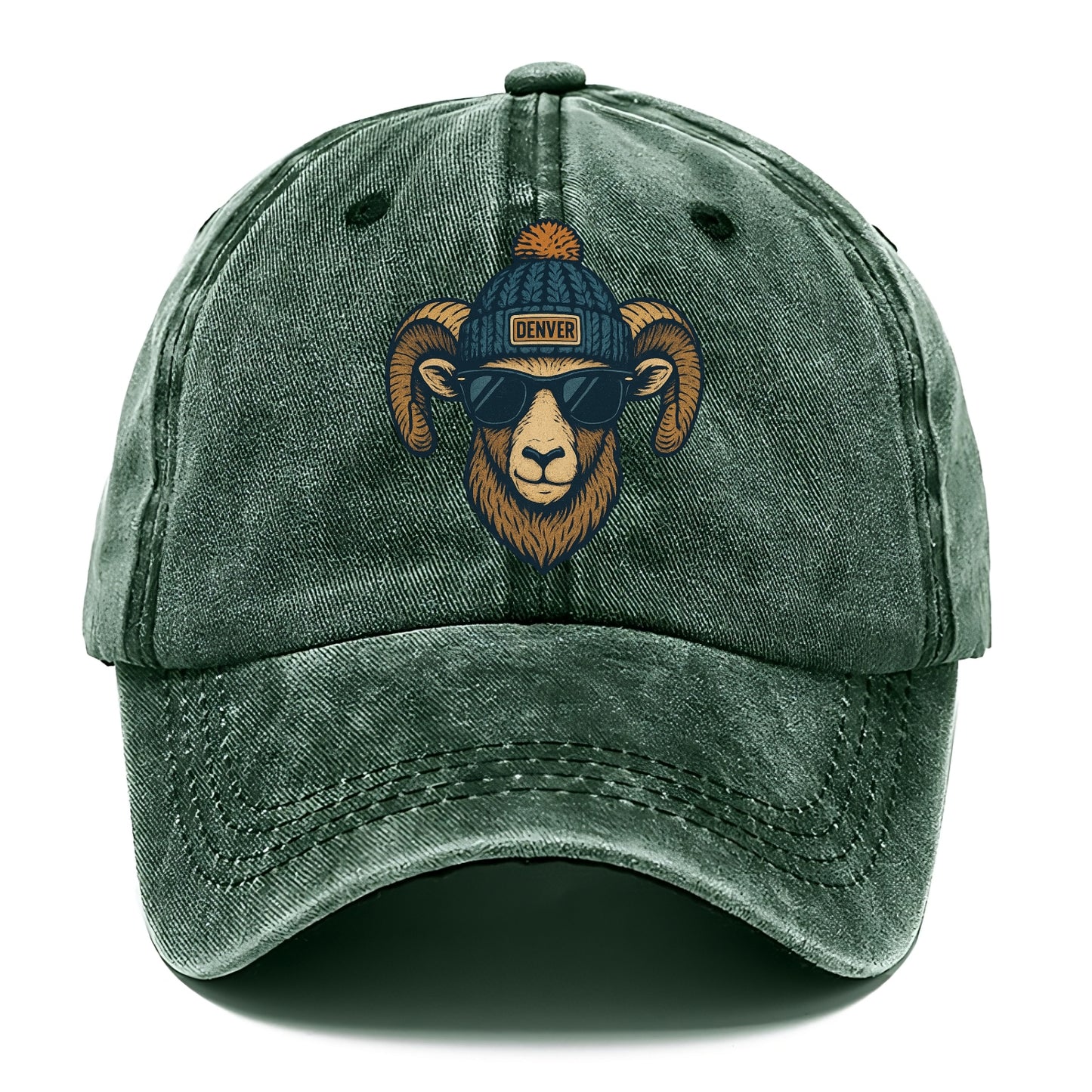 Colorado Rocky Mountain Bighorn Sheep wearing Denver beanie with pom pom and wayfarer - Classic Cap - Forest Mist(Green)