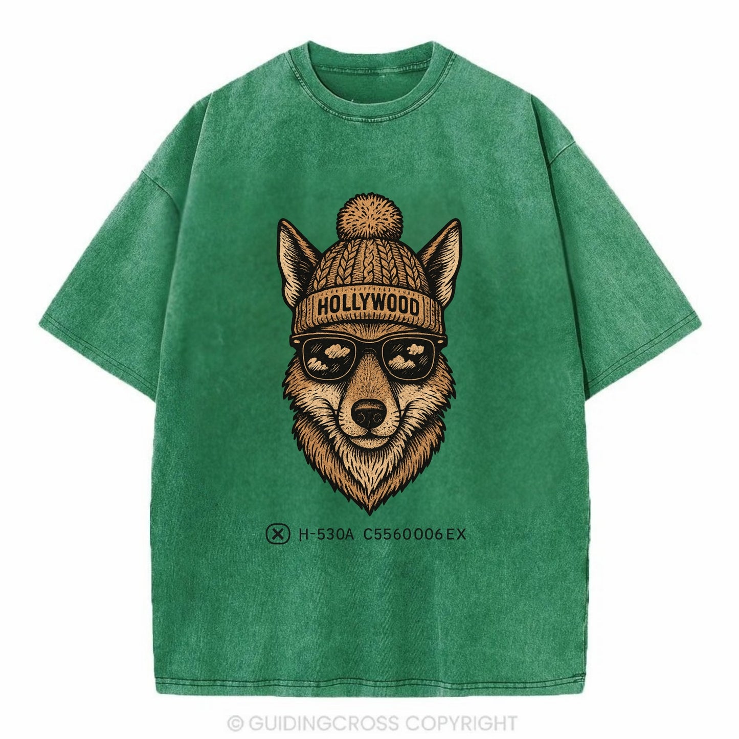 LA Coyote wearing Hollywood beanie with pom pom and wayfarer sunglasses - Vintage T-shirt - Forest Mist(Green)