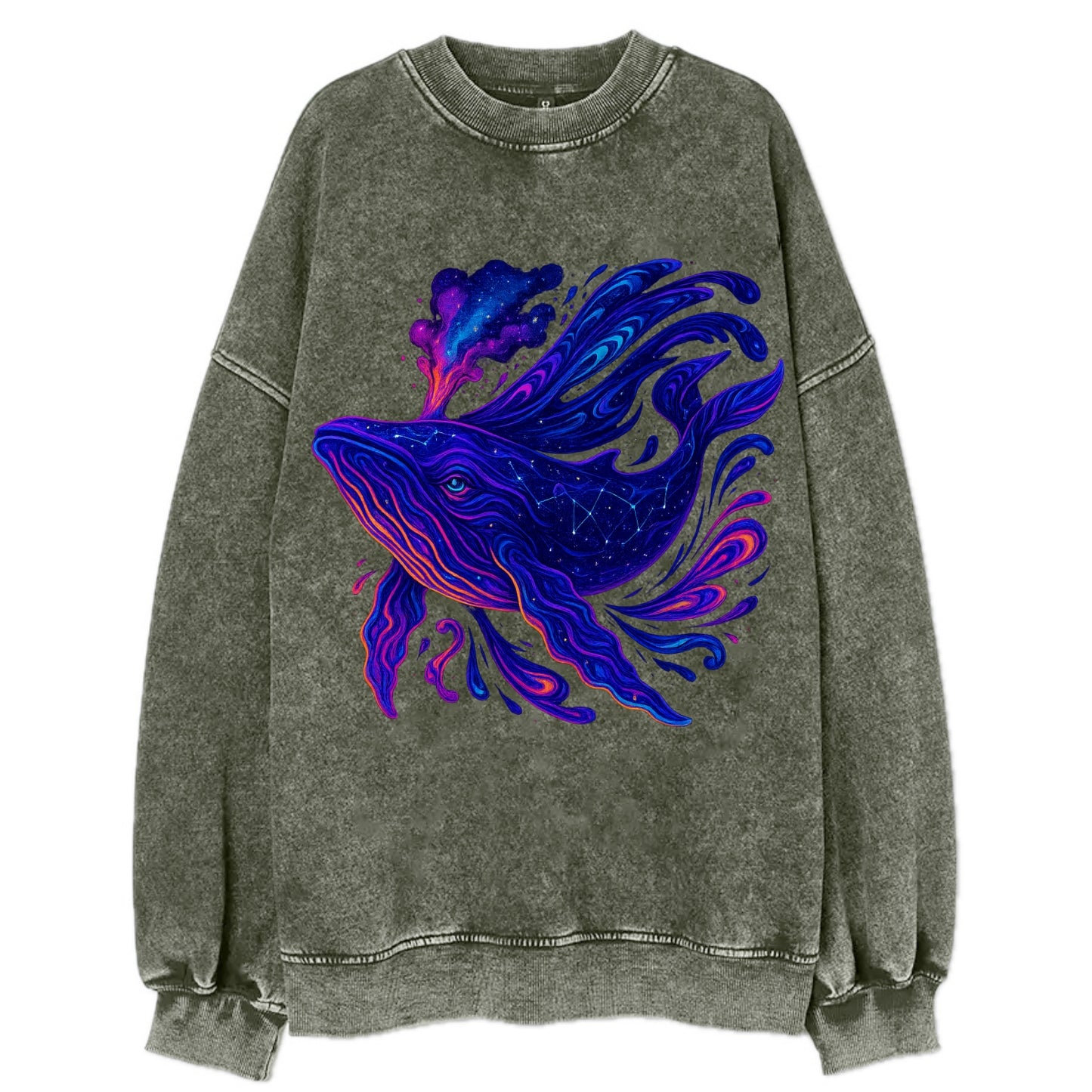 Majestic whale with body composed of galaxy clusters, stellar fins flowing - Vintage Sweatshirt - Forest Mist(Green)