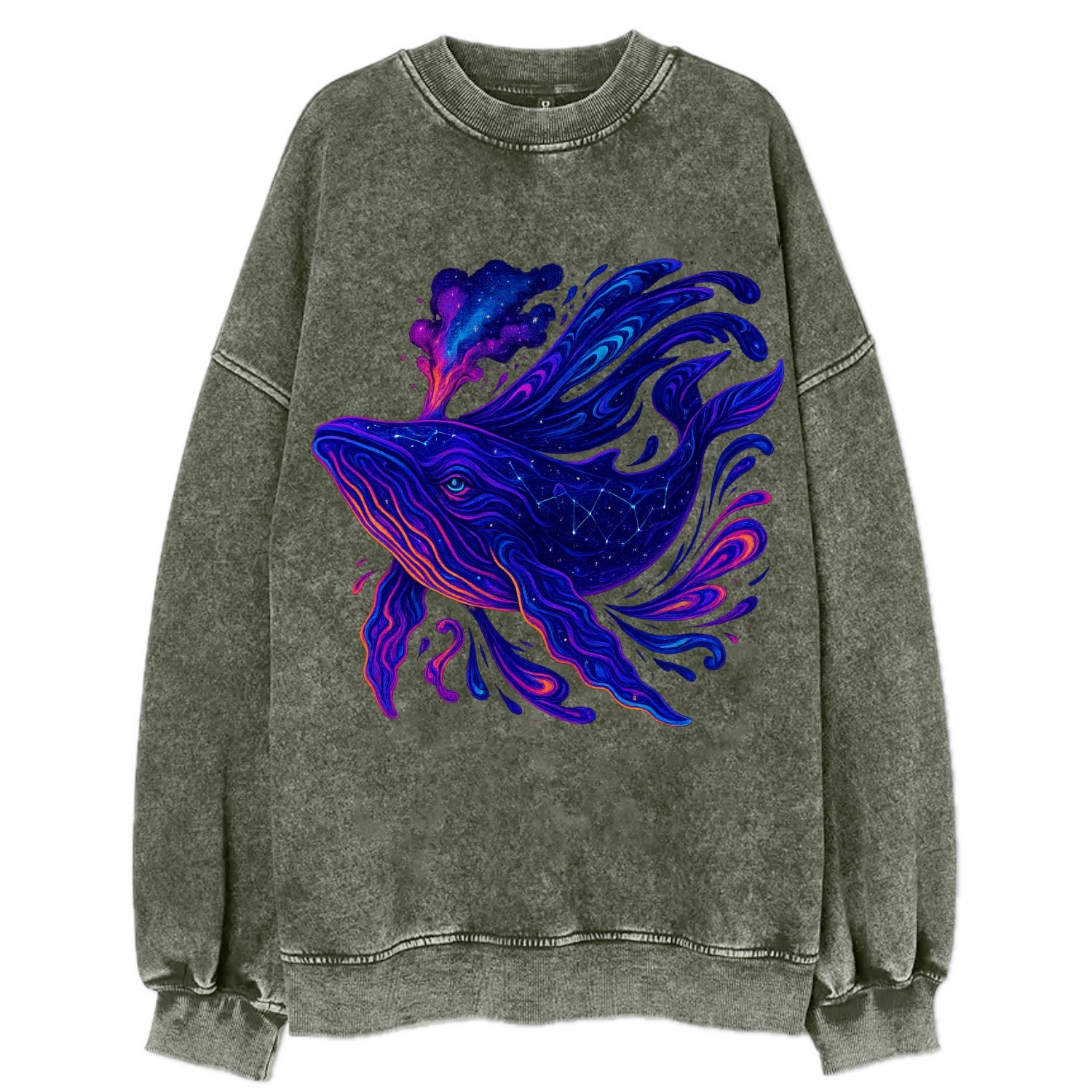 Majestic whale with body composed of galaxy clusters, stellar fins flowing - Vintage Sweatshirt - Forest Mist(Green)