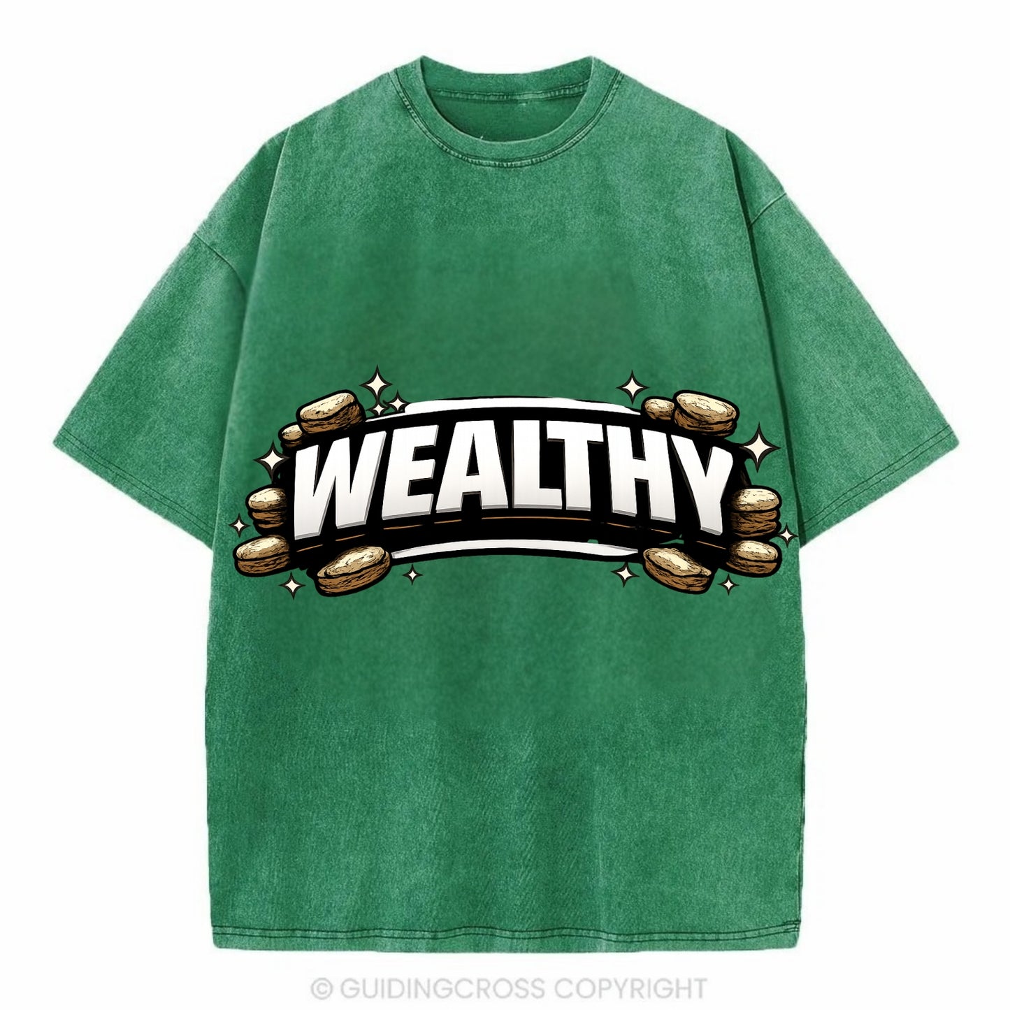 Bold typography design - "WEALTHY" - financial abundance, rich life - Vintage T-shirt - Forest Mist(Green)