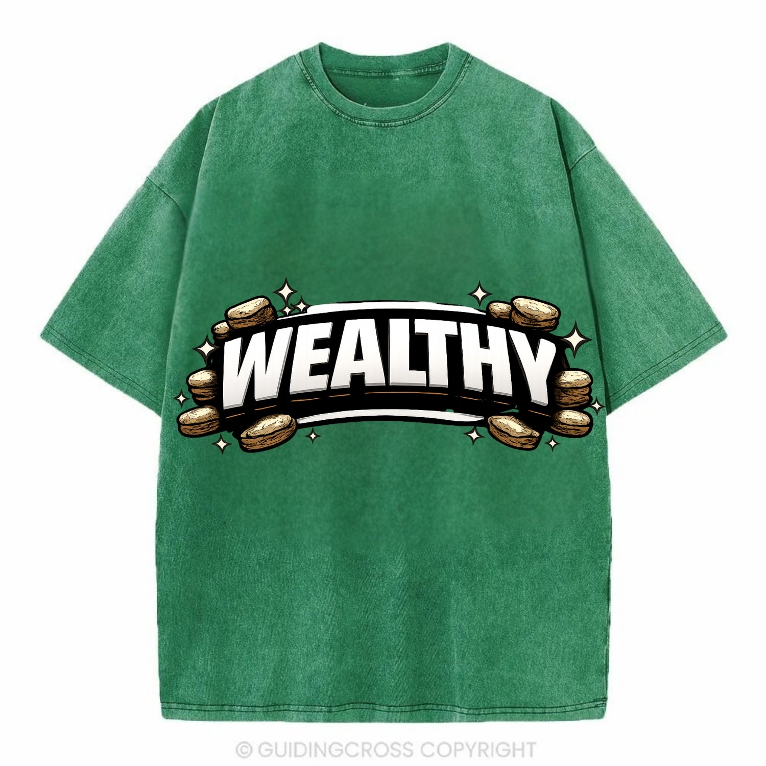 Bold typography design - "WEALTHY" - financial abundance, rich life - Vintage T-shirt - Forest Mist(Green)