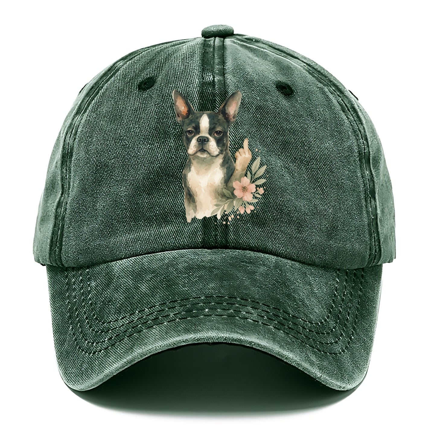 Boston Terrier with tuxedo markings, perky ears, paw up giving sass - Classic Cap - Forest Mist(Green)