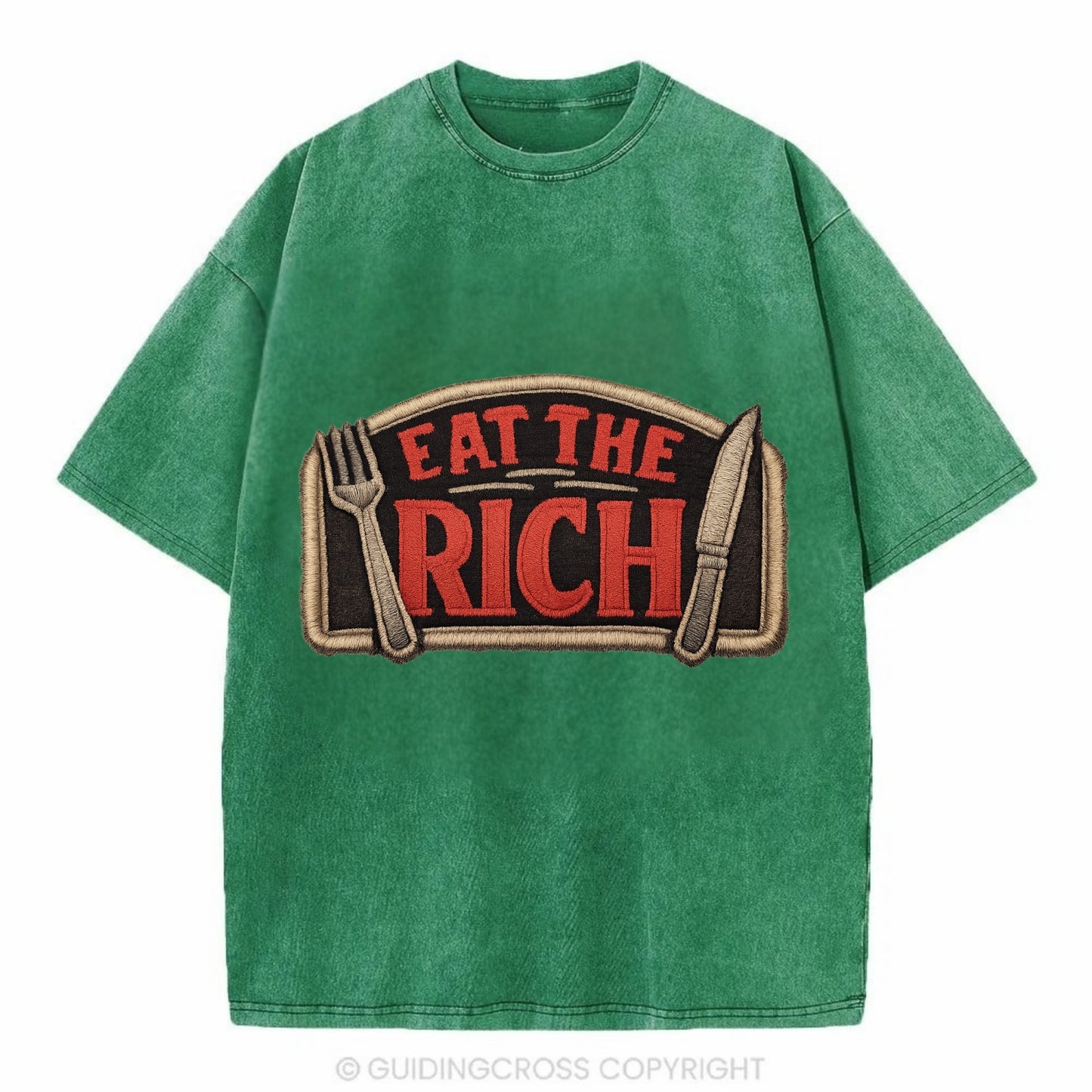 EAT THE RICH - fork and knife with text in red and silver , class war - Vintage T-shirt - Forest Mist(Green)
