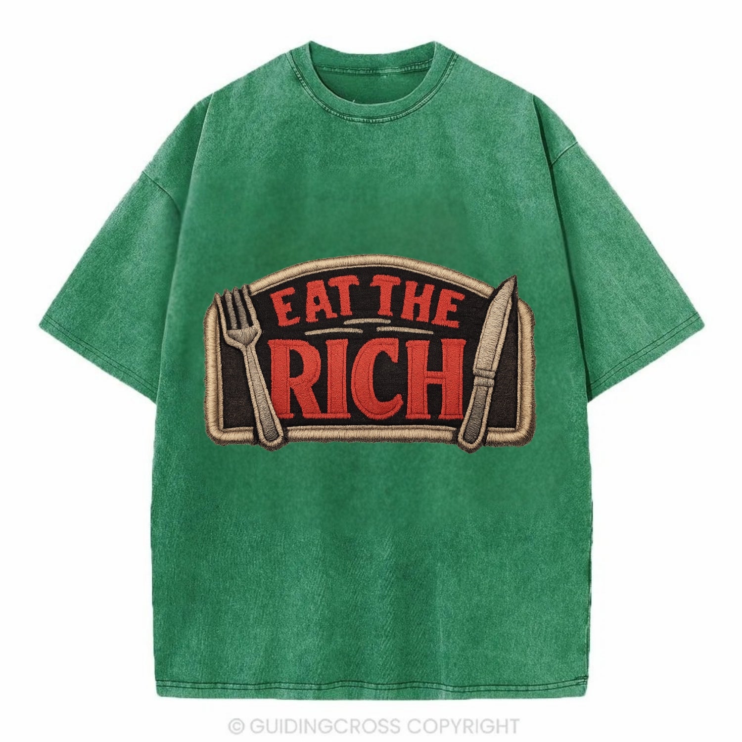 EAT THE RICH - fork and knife with text in red and silver , class war - Vintage T-shirt - Forest Mist(Green)
