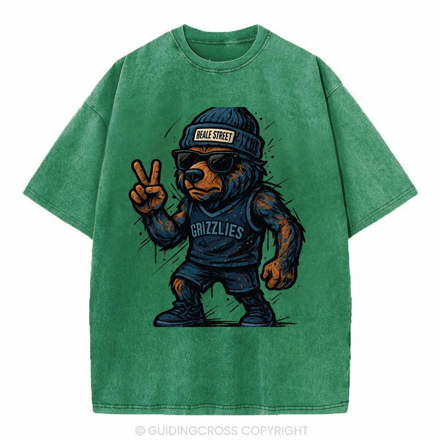 Memphis Grizzly Bear wearing Grizzlies navy and light blue beanie with Beale - Vintage T-shirt - Forest Mist(Green)