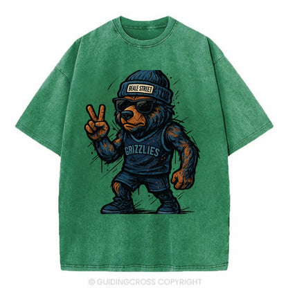 Memphis Grizzly Bear wearing Grizzlies navy and light blue beanie with Beale - Vintage T-shirt - Forest Mist(Green)