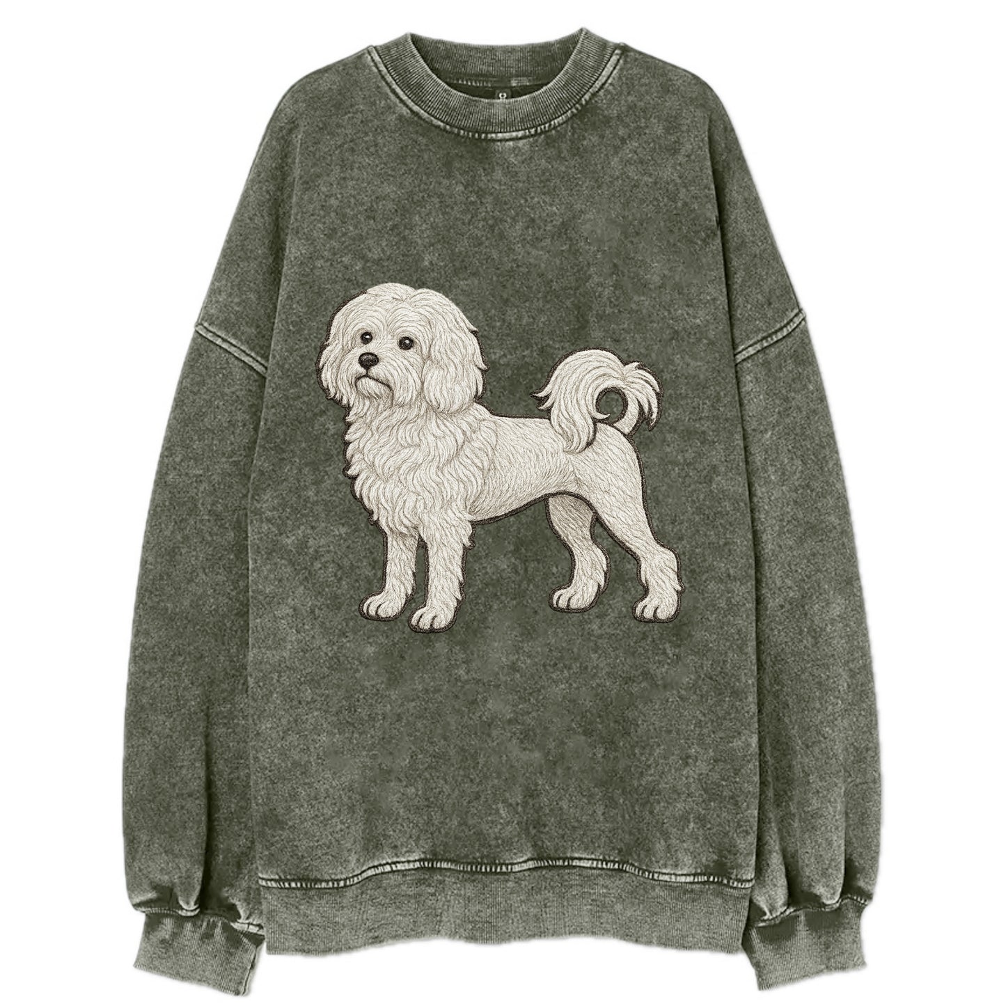 Löwchen - Little Lion Dog white embroidered pose - Vintage Sweatshirt - Forest Mist(Green)