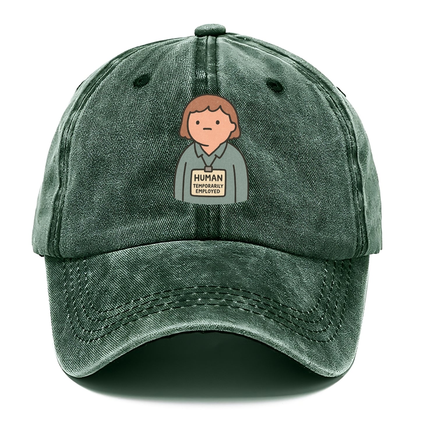 Worker wearing ID badge that says "Human - Temporarily Employed" - existential dread - Classic Cap - Forest Mist(Green)