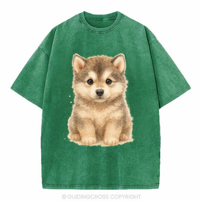 Baby Alaskan Malamute Puppy - wolf-like, fluffy coat, friendly eyes, - Vintage T-shirt - Forest Mist(Green)
