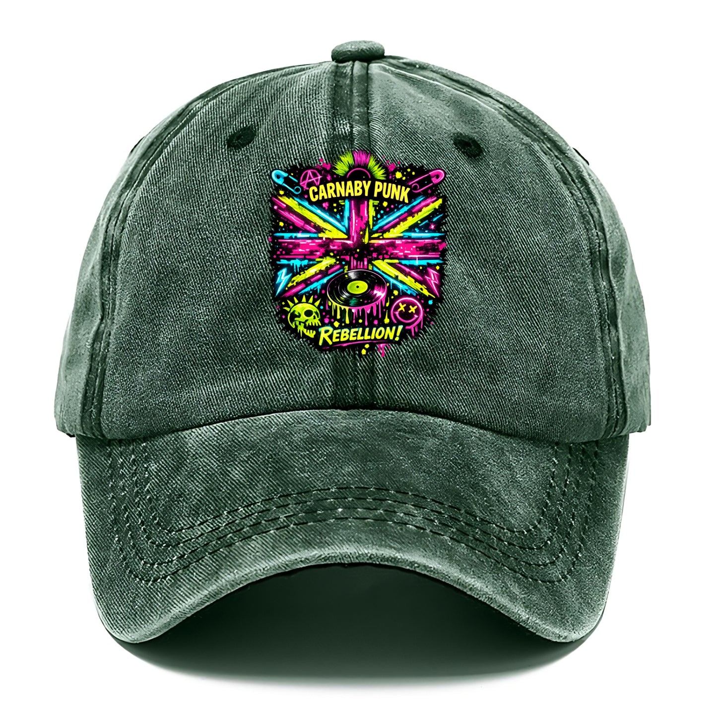 CARNABY PUNK | Swinging 60s meets 70s punk | Psychedelic Union Jack pattern | Bold - Classic Cap - Forest Mist(Green)