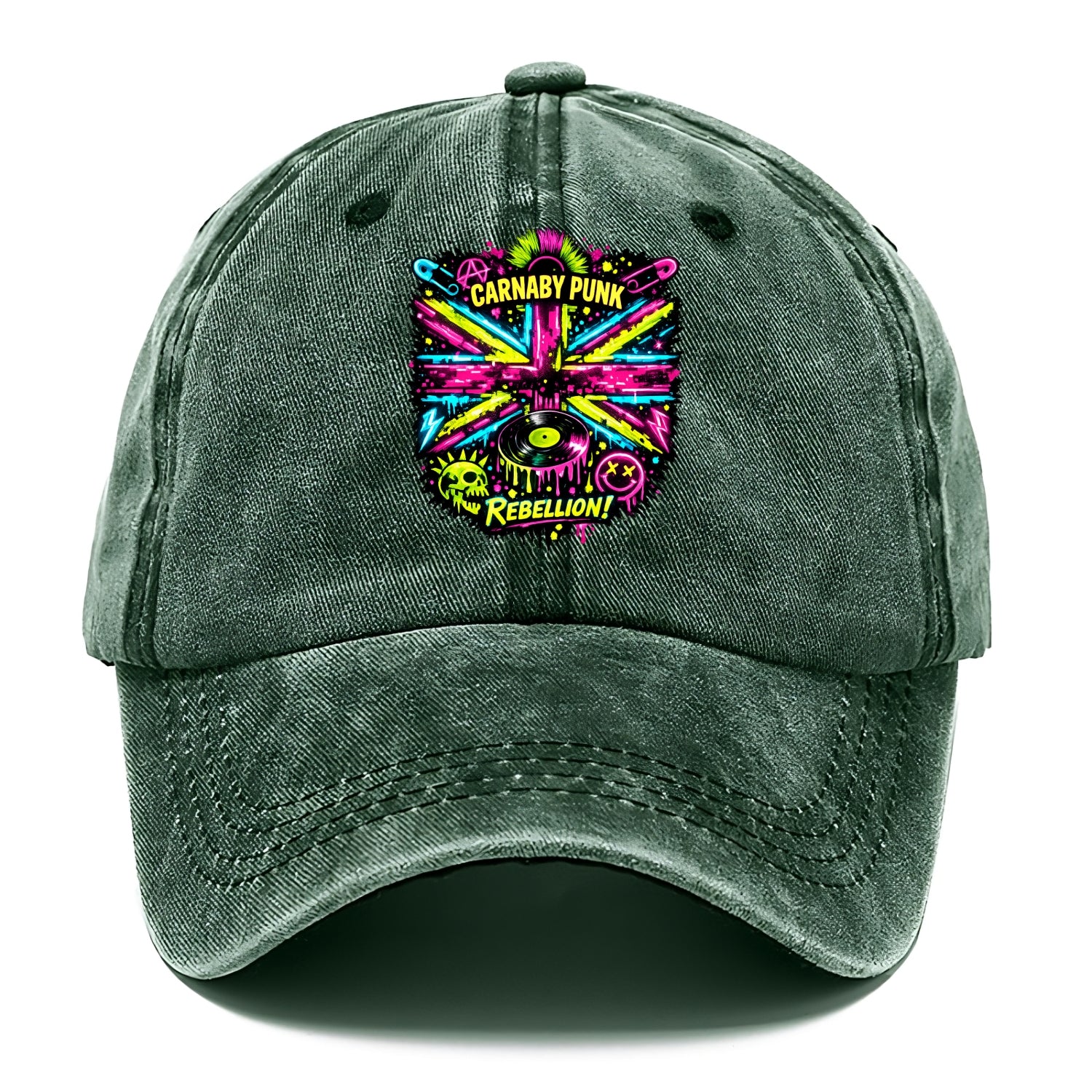 CARNABY PUNK | Swinging 60s meets 70s punk | Psychedelic Union Jack pattern | Bold - Classic Cap - Forest Mist(Green)