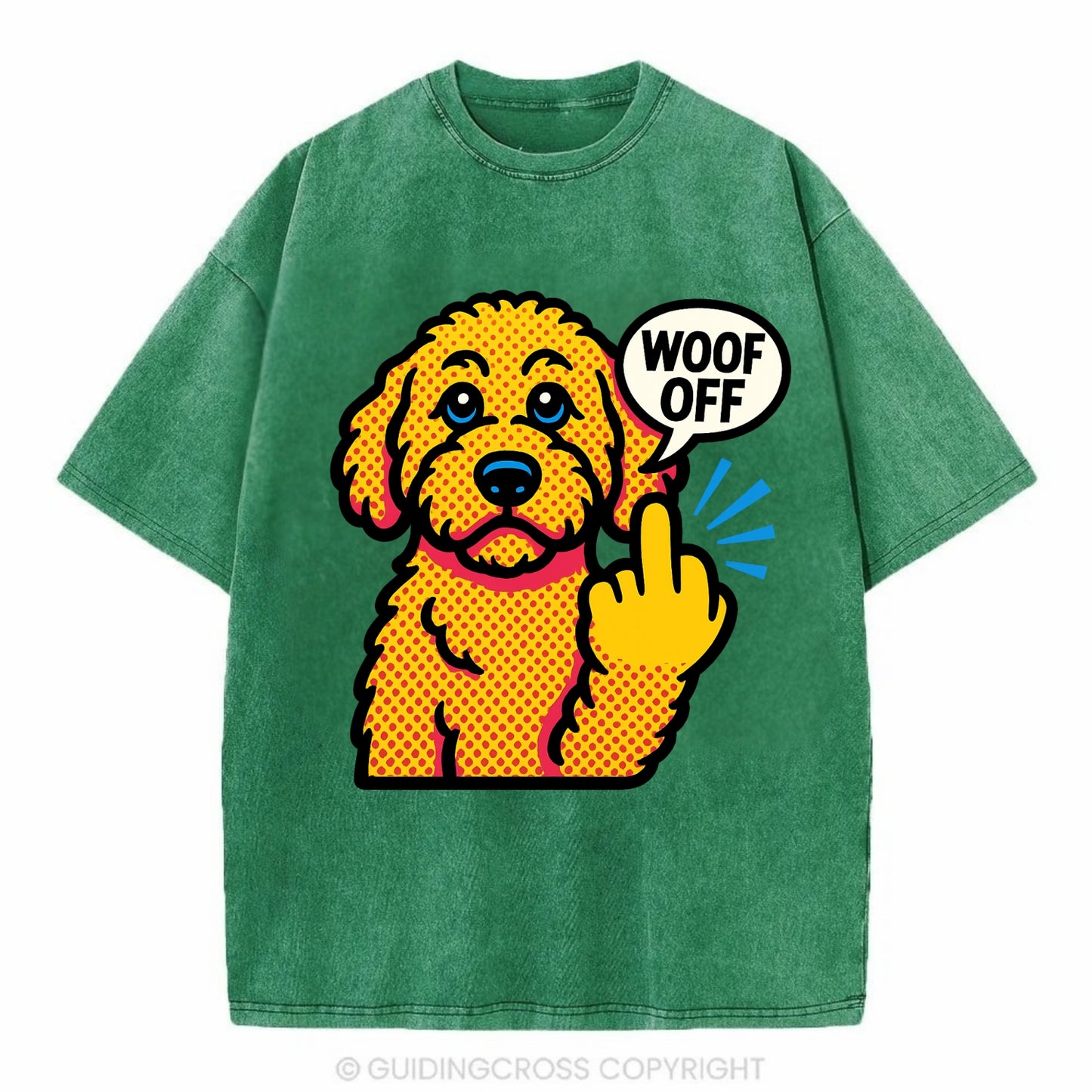 Goldendoodle with teddy bear face and curly golden coat, friendly paw flipping off - Vintage T-shirt - Forest Mist(Green)