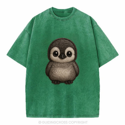 Baby Penguin Chick - gray fluffy, white face, round body, front-facing, tuxedo - Vintage T-shirt - Forest Mist(Green)
