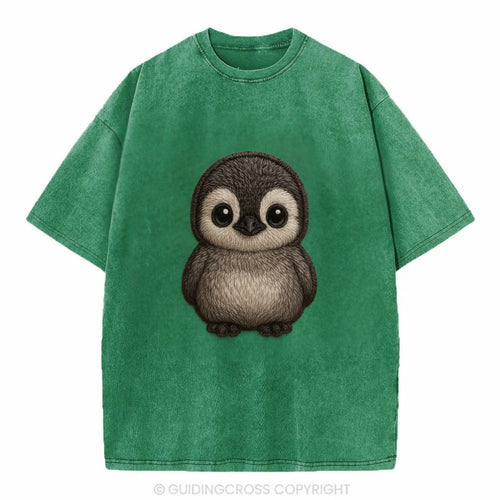 Baby Penguin Chick - gray fluffy, white face, round body, front-facing, tuxedo - Vintage T-shirt