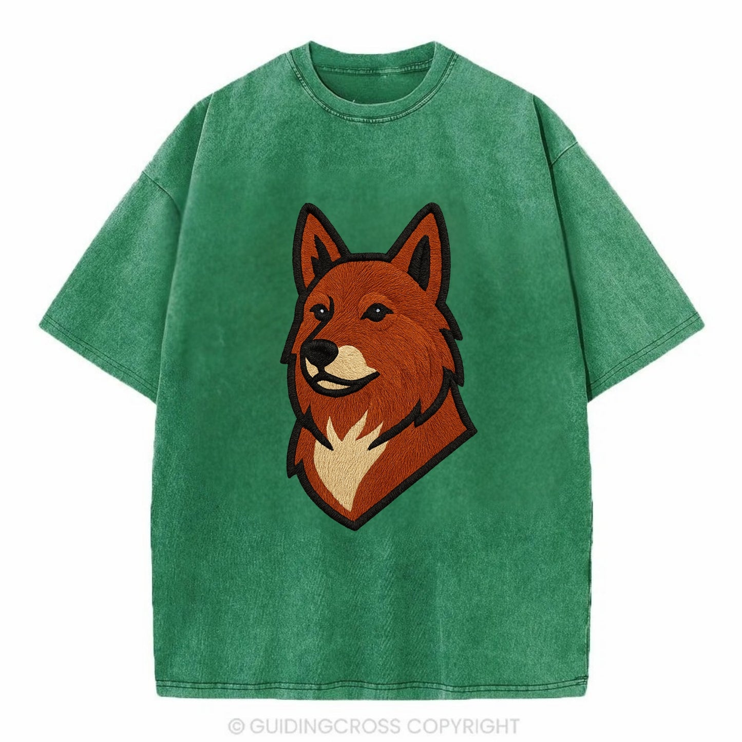 Finnish Spitz - Fox-red pointed ears embroidered pose - Vintage T-shirt - Forest Mist(Green)