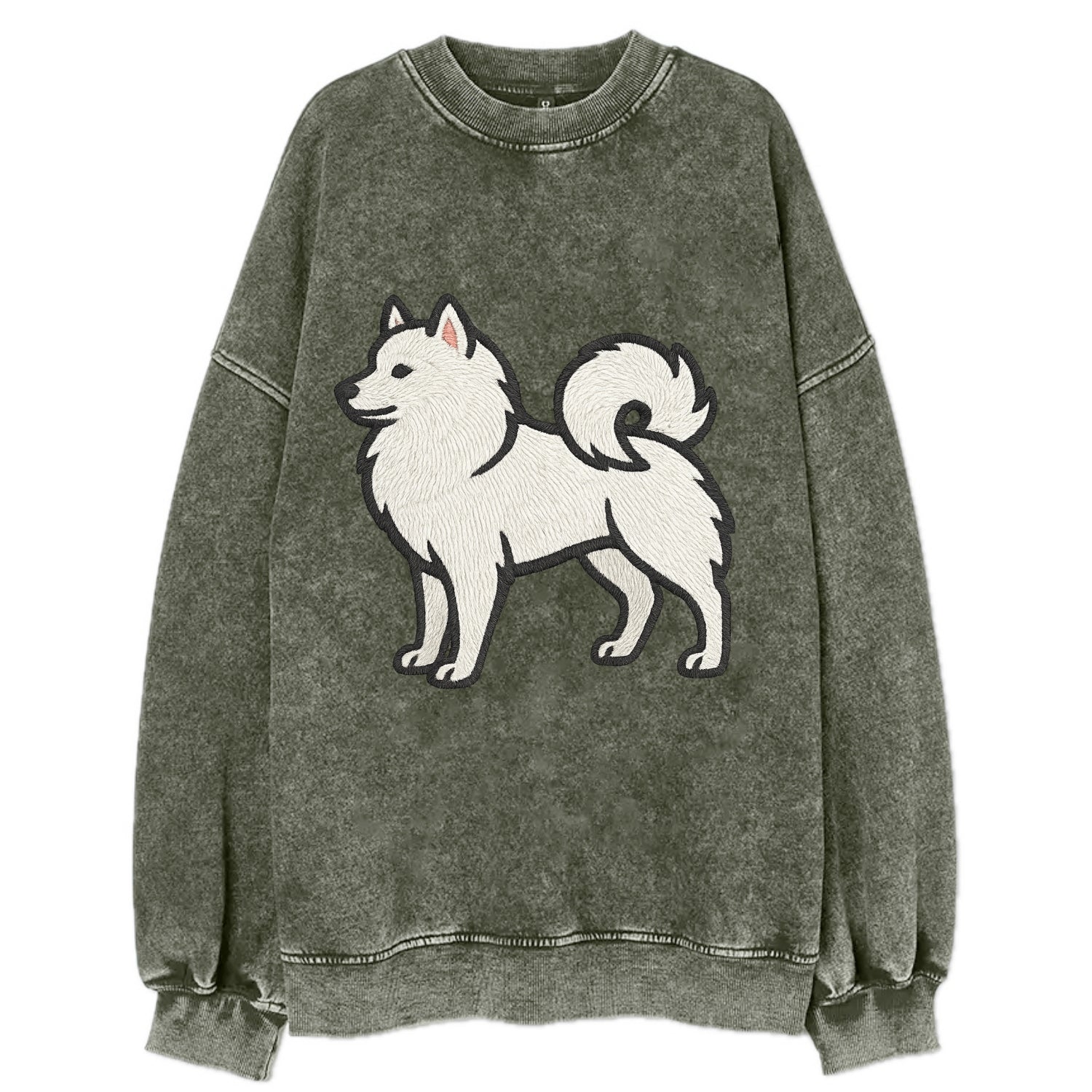 American Eskimo Dog - White spitz embroidered standing design - Vintage Sweatshirt - Forest Mist(Green)