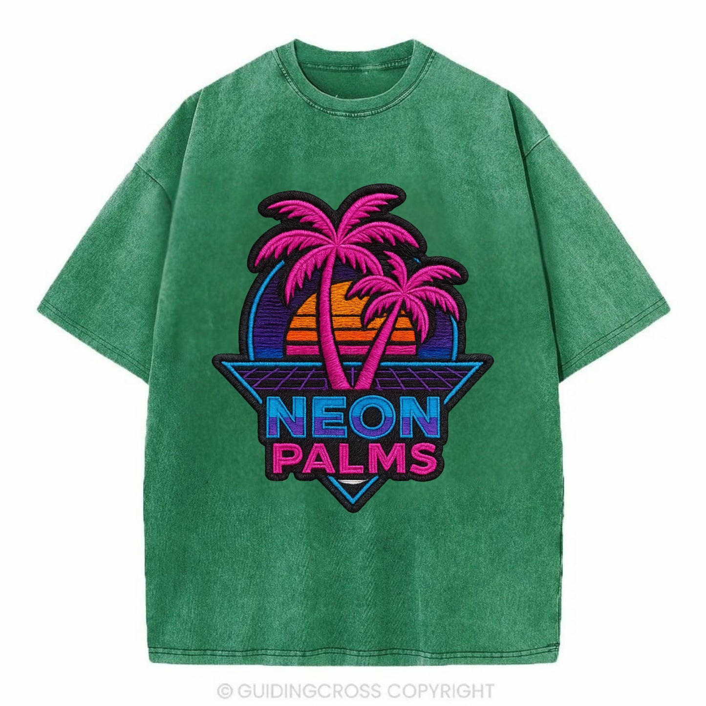 Neon Palms - Vintage T-shirt - Forest Mist(Green)