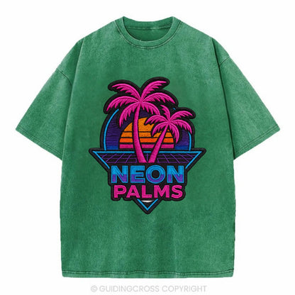 Neon Palms - Vintage T-shirt - Forest Mist(Green)