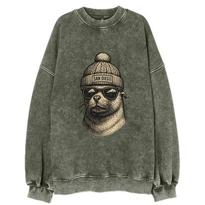 San Diego Sea Lion wearing San Diego beanie with pom pom and wayfarer - Vintage Sweatshirt - Forest Mist(Green)