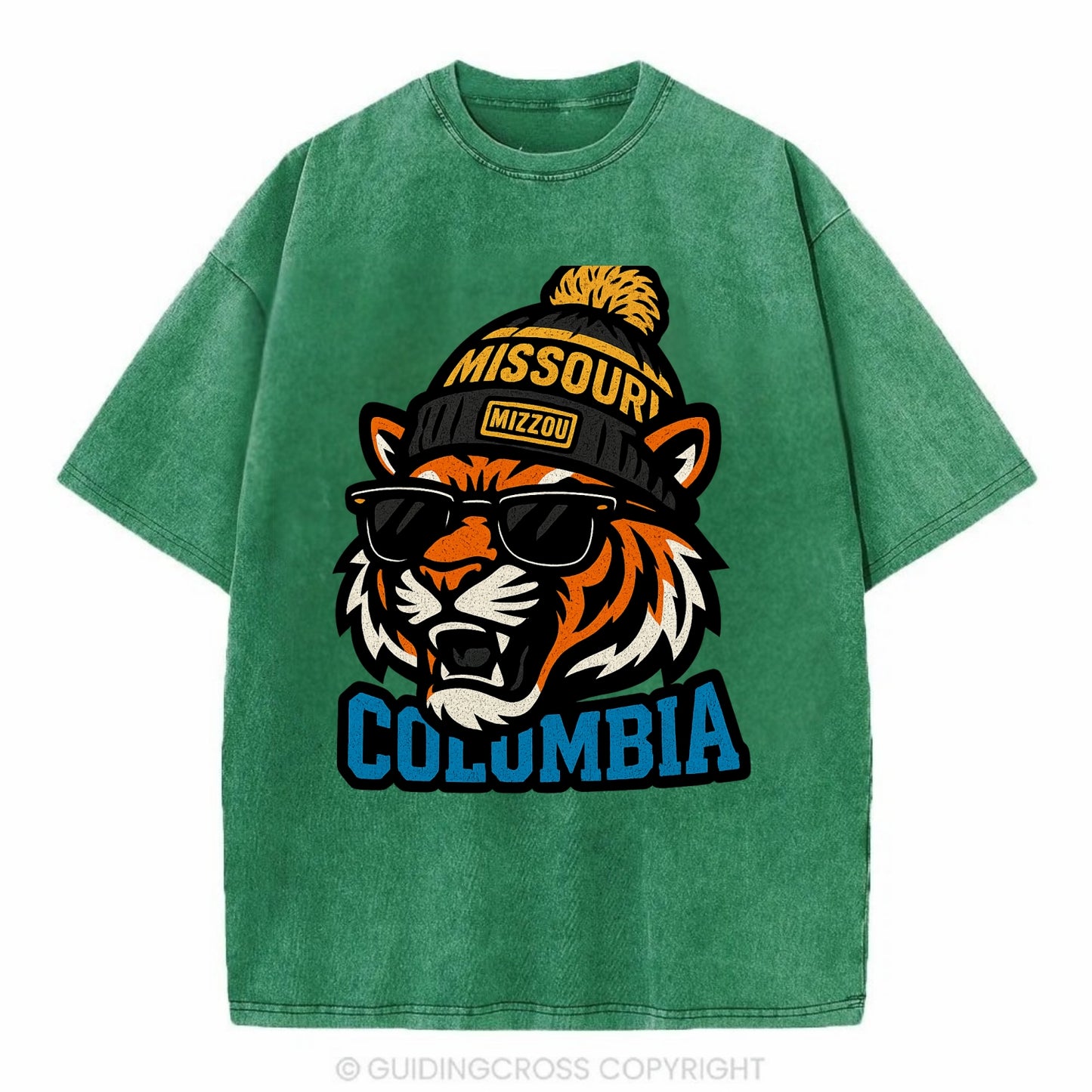 Columbia Tiger wearing Missouri beanie with Mizzou patch - Vintage T-shirt - Forest Mist(Green)