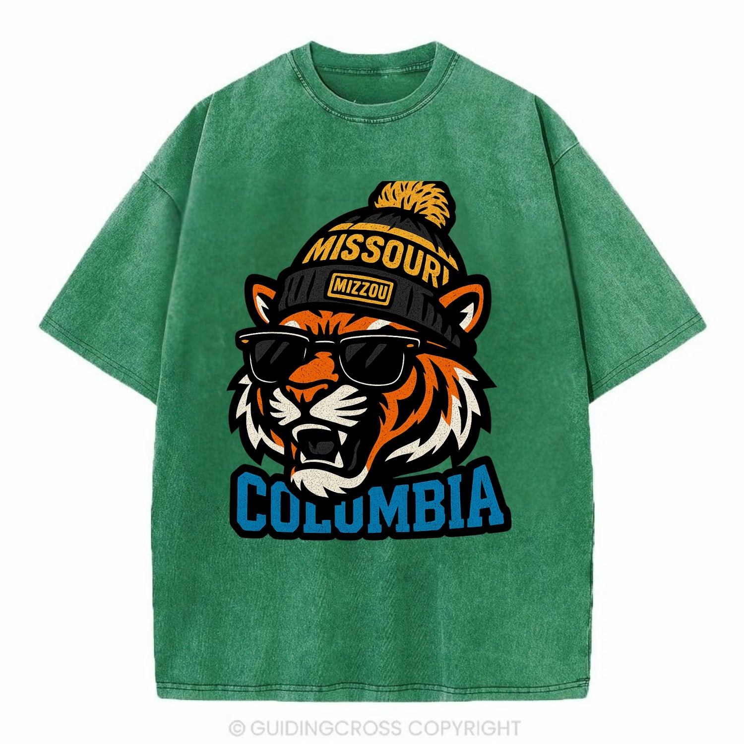 Columbia Tiger wearing Missouri beanie with Mizzou patch - Vintage T-shirt - Forest Mist(Green)