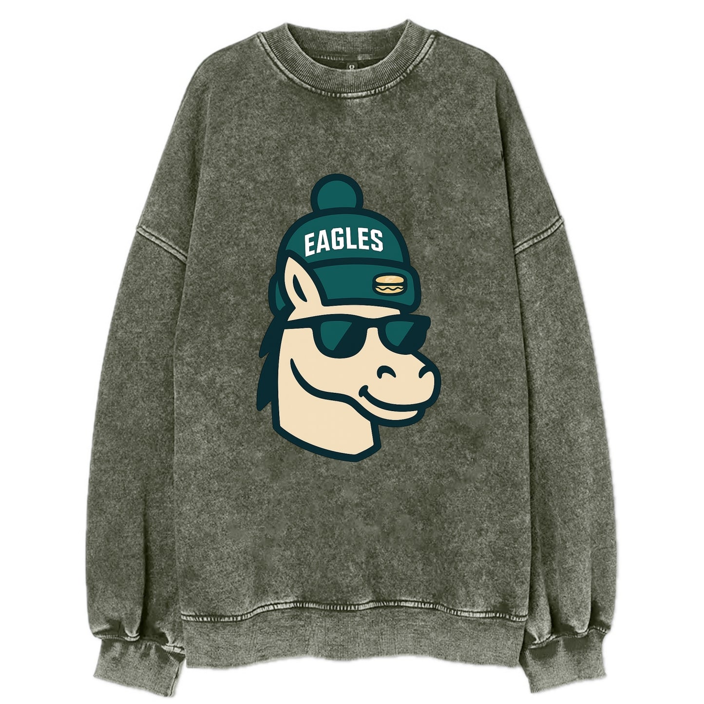 Philadelphia Horse wearing Eagles beanie with cheesesteak patch and wayfarer - Vintage Sweatshirt - Forest Mist(Green)