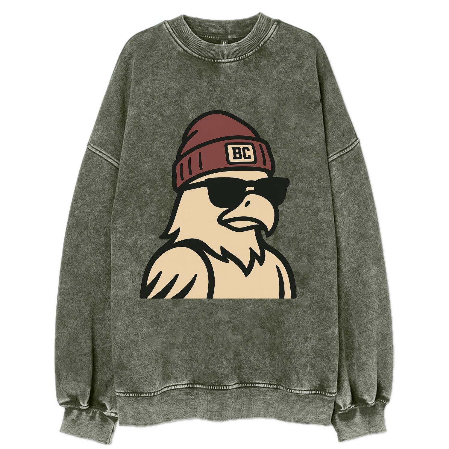 Chestnut Hill Eagle wearing Boston College beanie with BC patch - Vintage Sweatshirt - Forest Mist(Green)
