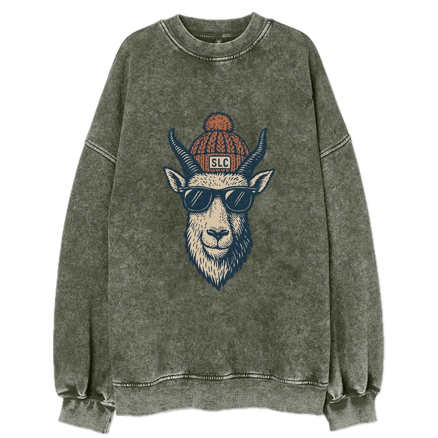 Salt Lake City Mountain Goat wearing SLC beanie with pom pom and wayfarer - Vintage Sweatshirt - Forest Mist(Green)