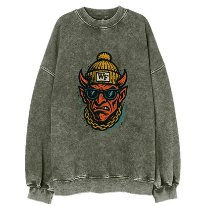 Winston-Salem Demon wearing Wake Forest beanie with WF patch - Vintage Sweatshirt - Forest Mist(Green)