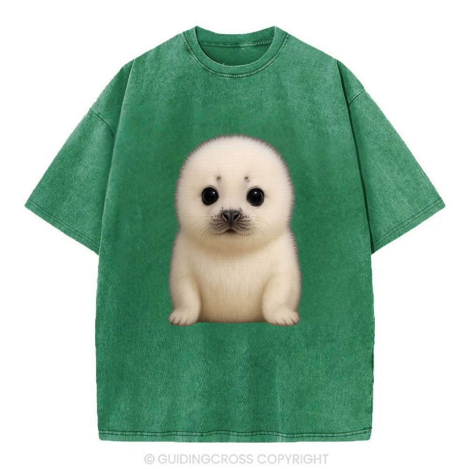 Baby Harp Seal - pure white fluffy fur, enormous dark eyes, front-facing, iconic - Vintage T-shirt - Forest Mist(Green)