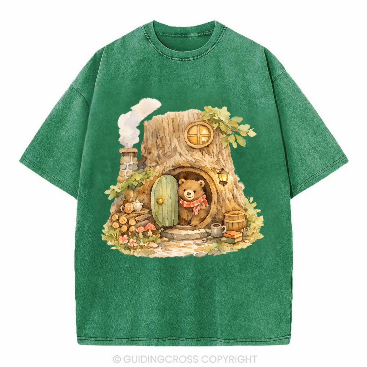 TREE HOME | Bear's home in hollow tree | Round door | Chimney smoke | Woodland - Vintage T-shirt - Forest Mist(Green)