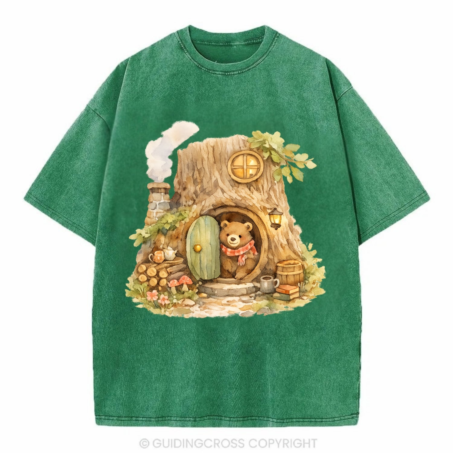 TREE HOME | Bear's home in hollow tree | Round door | Chimney smoke | Woodland - Vintage T-shirt - Forest Mist(Green)