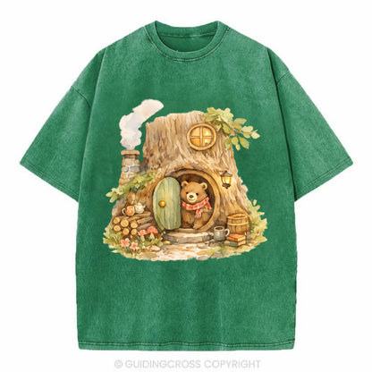 TREE HOME | Bear's home in hollow tree | Round door | Chimney smoke | Woodland - Vintage T-shirt - Forest Mist(Green)