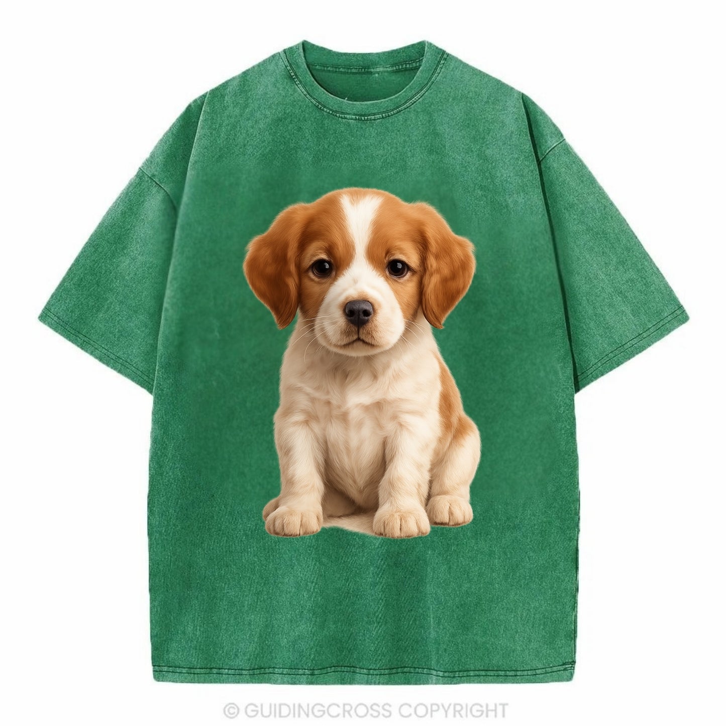 Baby Brittany Puppy - orange and white, compact, bright eyes, feathered, - Vintage T-shirt - Forest Mist(Green)