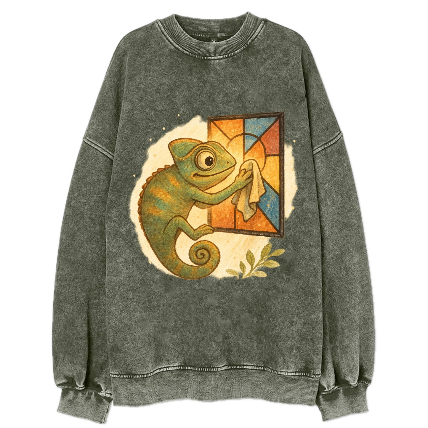 Chameleon blending into a stained-glass window it is polishing with delicate - Vintage Sweatshirt - Forest Mist(Green)