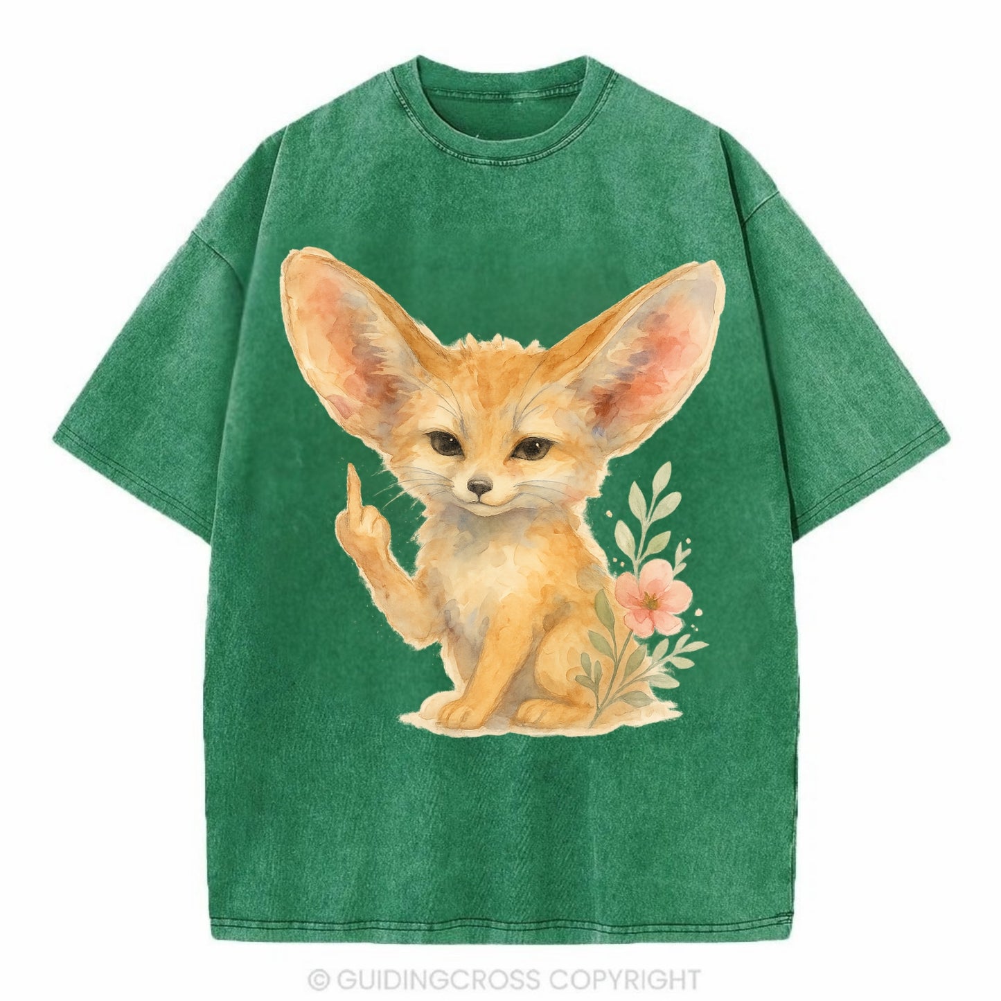 tiny fennec fox with oversized ears, one small paw raised in sass - Vintage T-shirt - Forest Mist(Green)