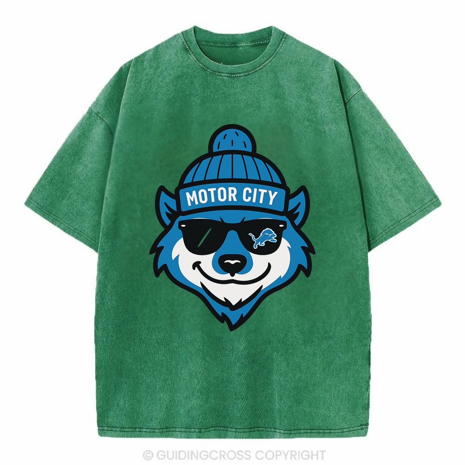 Motor City Wolverine wearing Lions beanie with gear patch and wayfarer sunglasses - Vintage T-shirt - Forest Mist(Green)