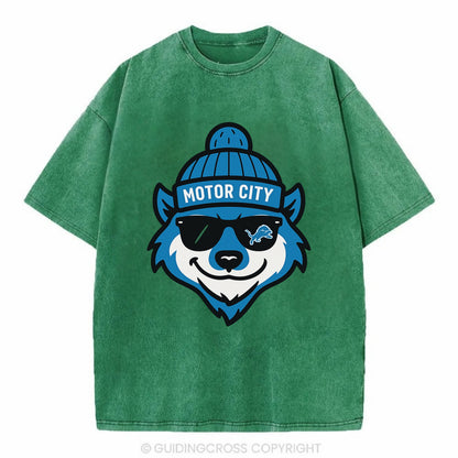 Motor City Wolverine wearing Lions beanie with gear patch and wayfarer sunglasses - Vintage T-shirt - Forest Mist(Green)