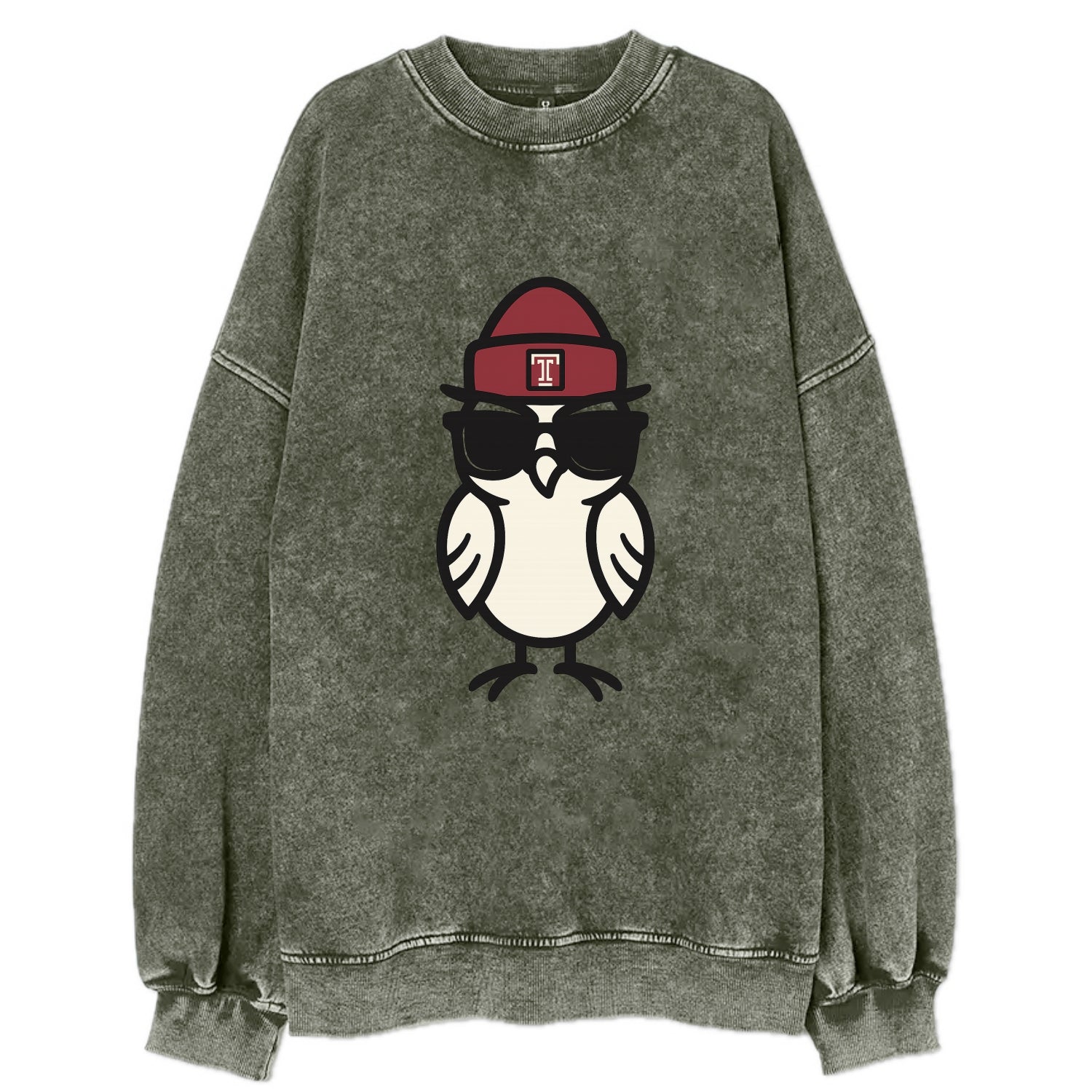 Philadelphia Owl wearing Temple beanie with T patch - Vintage Sweatshirt - Forest Mist(Green)