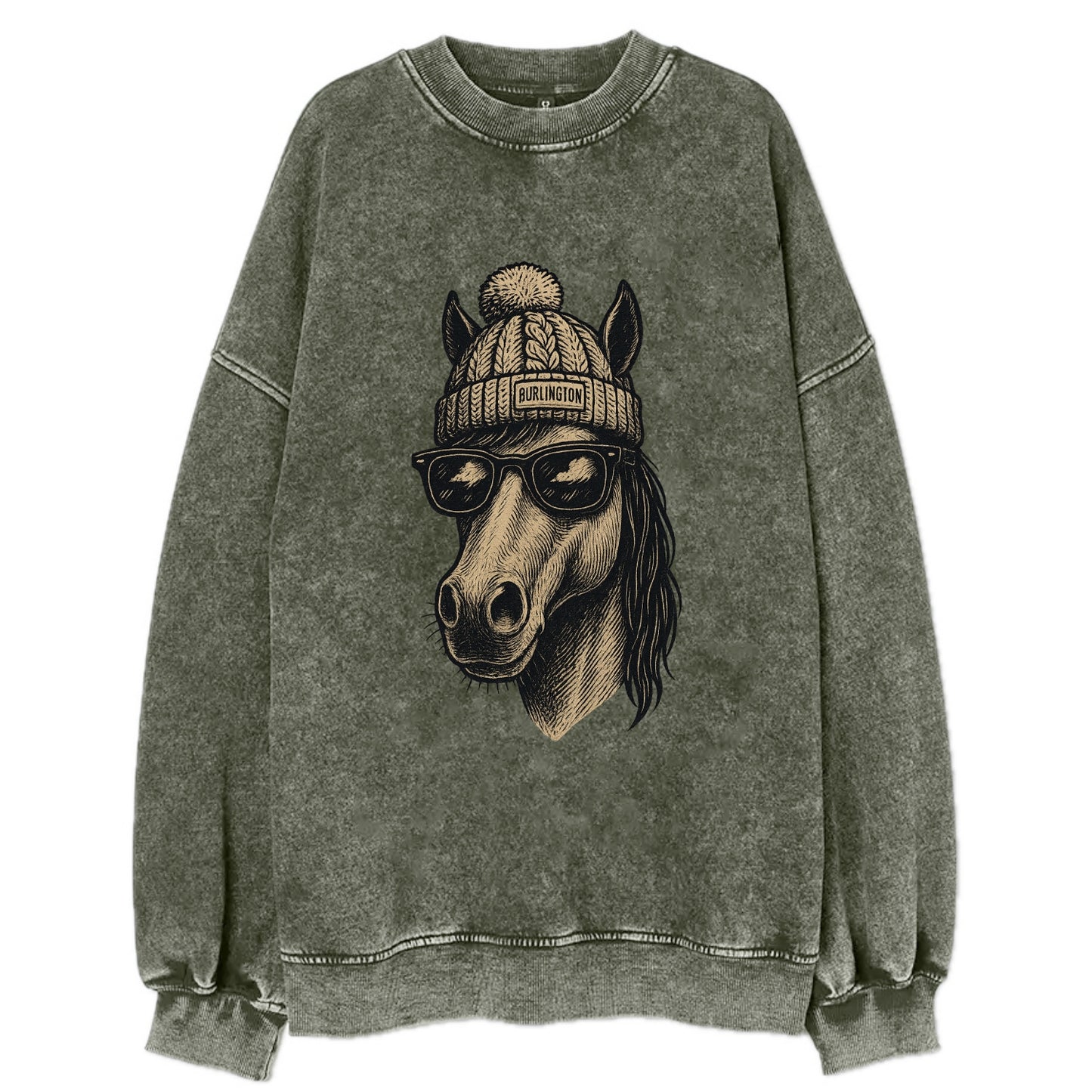 Vermont Morgan Horse wearing Burlington beanie with pom pom and wayfarer - Vintage Sweatshirt - Forest Mist(Green)