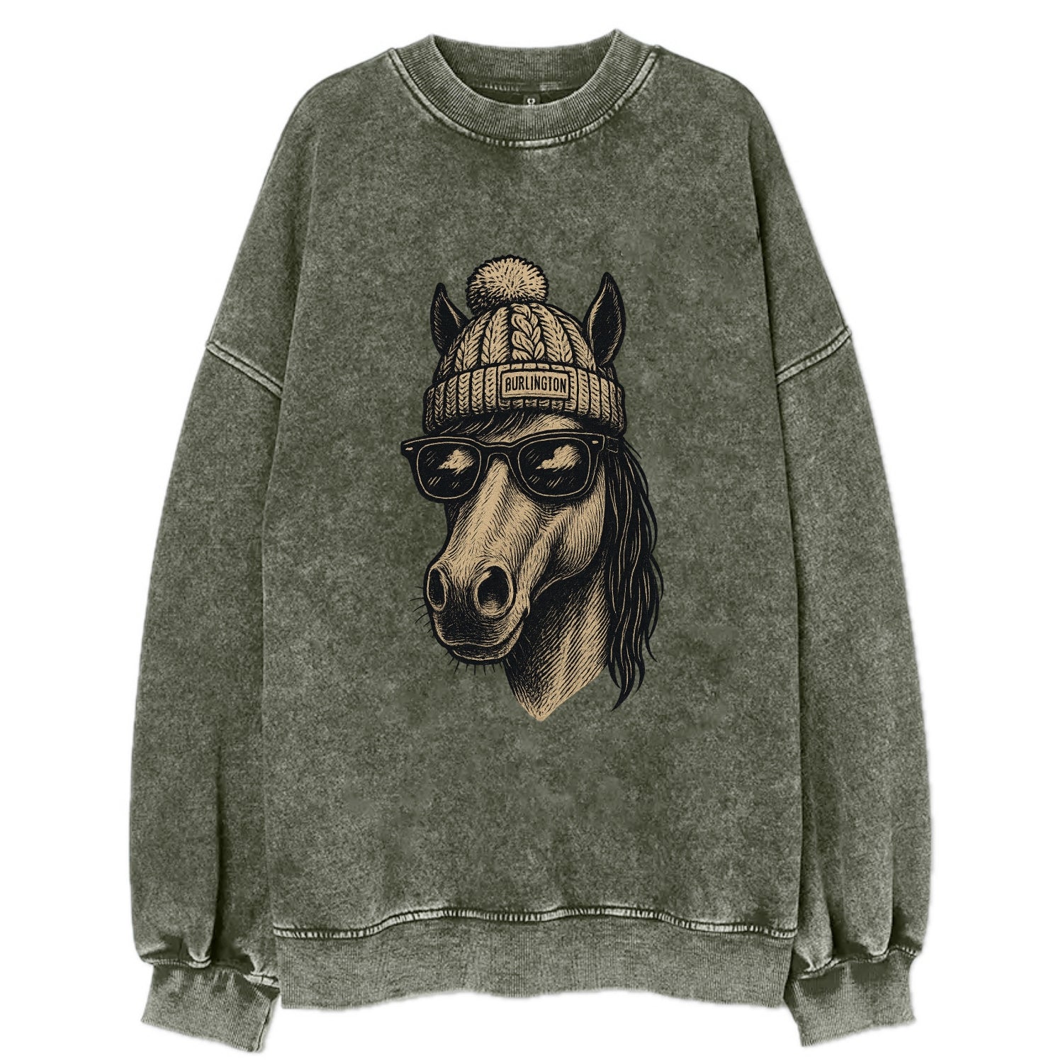 Vermont Morgan Horse wearing Burlington beanie with pom pom and wayfarer - Vintage Sweatshirt - Forest Mist(Green)