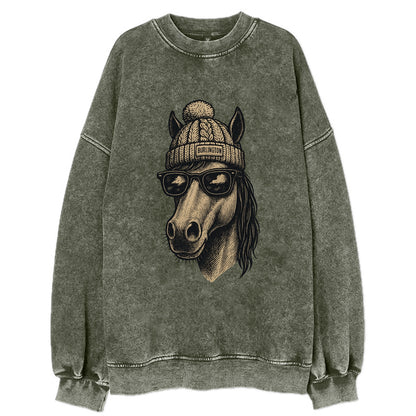 Vermont Morgan Horse wearing Burlington beanie with pom pom and wayfarer - Vintage Sweatshirt - Forest Mist(Green)