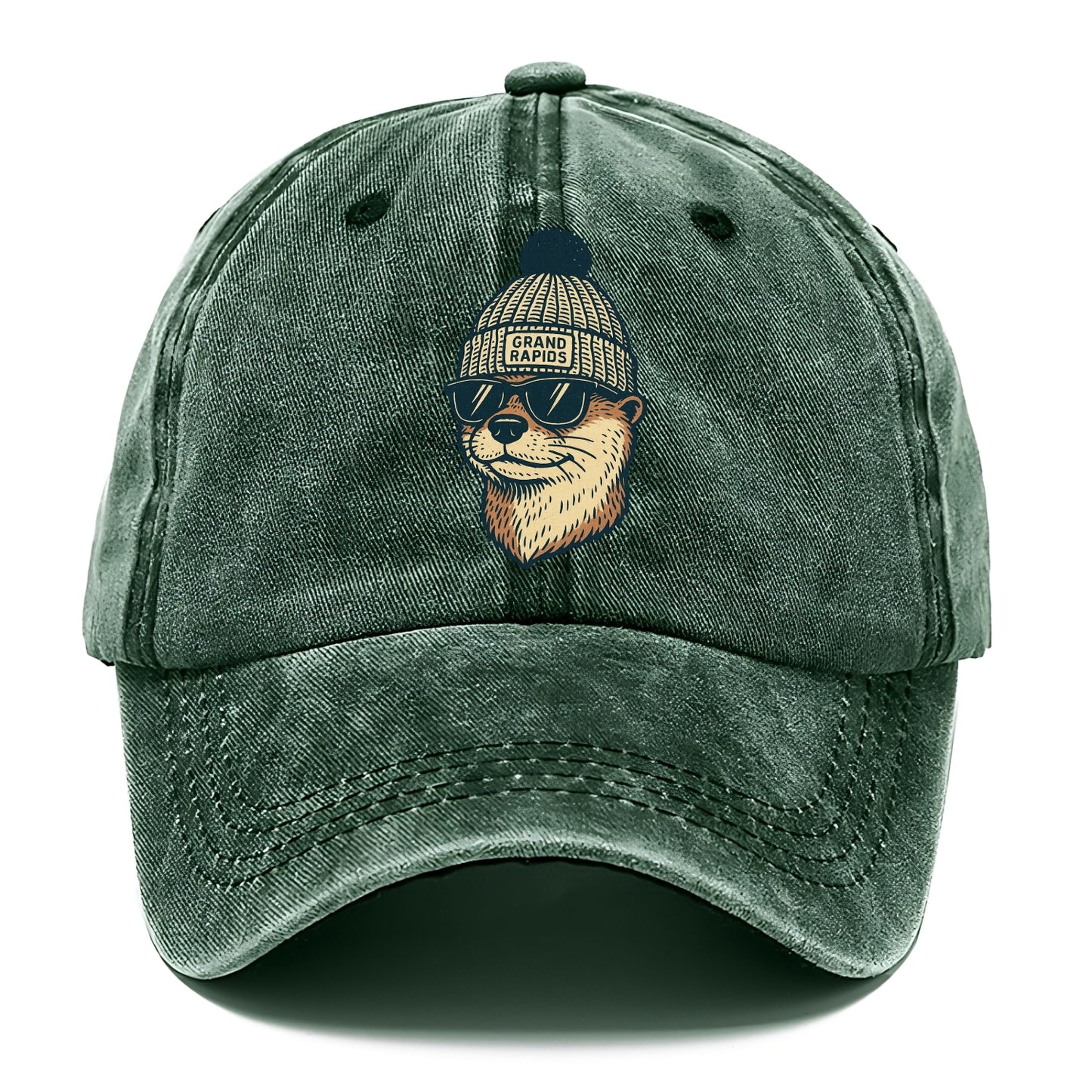 Grand Rapids River Otter wearing Grand Rapids beanie with pom pom and wayfarer - Classic Cap - Forest Mist(Green)