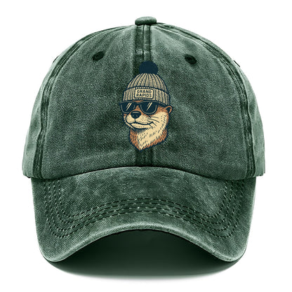 Grand Rapids River Otter wearing Grand Rapids beanie with pom pom and wayfarer - Classic Cap - Forest Mist(Green)